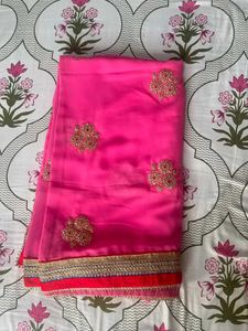 Bubblegum Pink Saree Heavy work &amp; Red velvet borde
