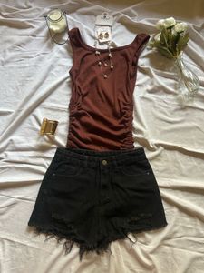 Ribbed Ruched Tank Top &amp; Distressed Shorts