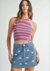 Striped Halter Neck Sleeveless Crop Top