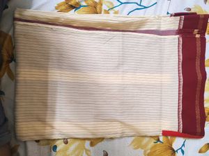 Cream & Maroon Striped Saree