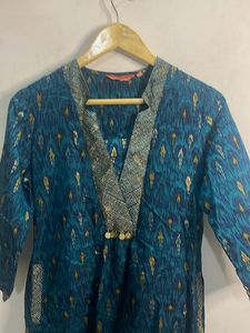Teal Blue Ethnic Kurta with Gold Print