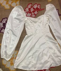 White Satin Puff Sleeve Mini Dress