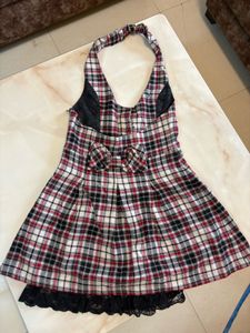 Plaid Halter Dress with Lace Trim