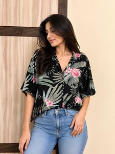 UNISEX Stylish Black Tropical Print Shirt