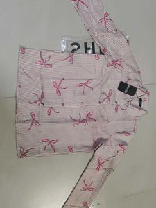 Shein Striped Bow Print Button-Up Shirt