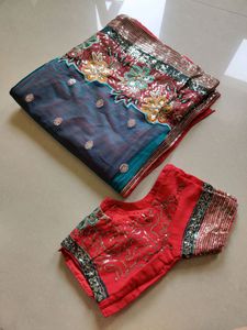 Heavy Designer Tomato Red &amp; Blue Saree With Blouse