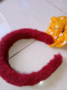 Fuzzy Red Headband &amp; Polka Dot Scrunchie Set