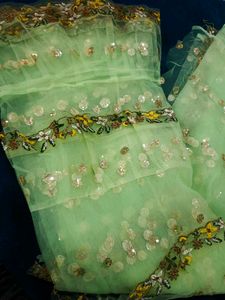 Lime Green Sequin Saree