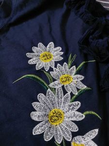 Navy Daisy Embroidered Ruffle Sleeve Top