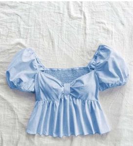 Blue Striped Puff Sleeve Peplum Top