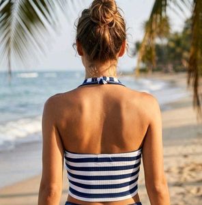 Blue &amp; White Striped Bikini Top