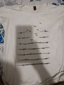 White Graphic T-Shirt - Birds & Barbed Wire (Size