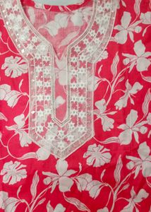 Pink Floral short Kurta with White Embroidery