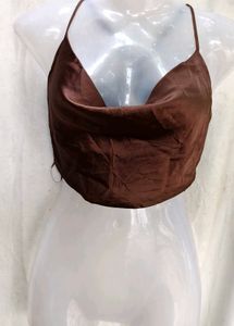 satin brown cowl neck top