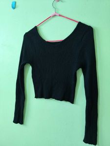 Black Ribbed Cropped Long Sleeve Top