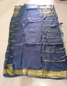 Elegant Blue &amp; Gold Striped Saree