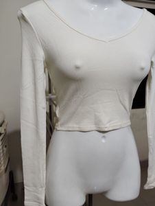 S- White,offwhite,Cream Long Sleeve Crop Top
