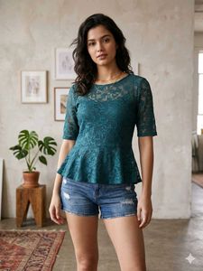 🌸 Imported Elegant Teal Lace Peplum Top G