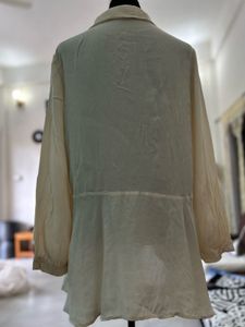 ZARA Soft Ivory Tie-Neck Sheer Blouse