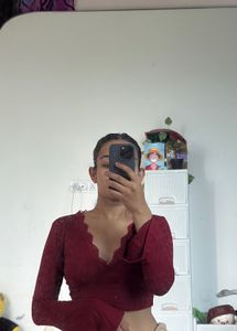 Maroon Lace V-Neck Bell Sleeve Crop Top