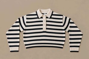 CREAM &amp; BLACK STRIPED COLLARED KNIT POLO SWEATER