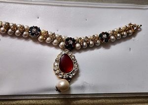 Elegant Pearl &amp; Red Stone Jewellery Set