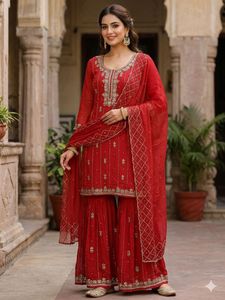 Red Embroidered Kurta Set with Sharara
