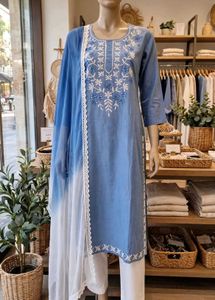 Blue Embroidered Cotton 3 piece set