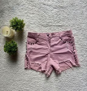 Pink Studded Distressed Denim Shorts