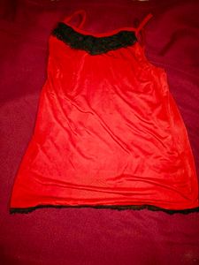 Red Satin Pajama Set with Black Lace