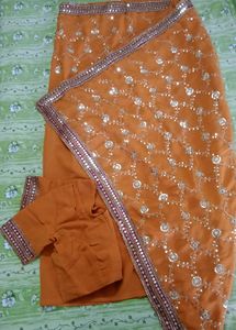 🆕NEW Orange Silver Sequin Saree with Blouse