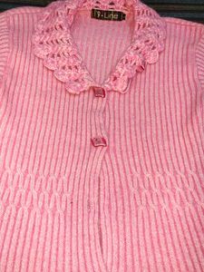 Pink Knitted Cardigan with Crochet Trim