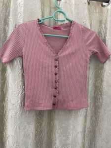 Pink Ribbed Button-Up Crop Top