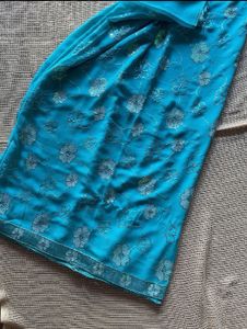 Turquoise Floral Embroidered Saree with Blouse