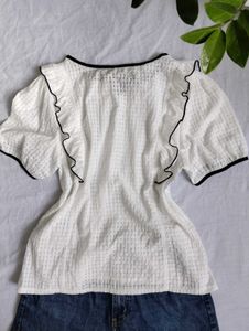 Chic White Puff Sleeve Top with Black Trim