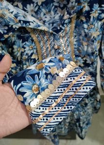 Floral Print Kurta with Embellished Neckline