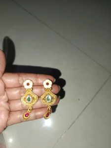 ( pack of 3 )Gold Jhumka Earrings with Red Beads