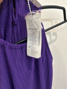 New!pleated  Purple Halter Neck Midi Dress