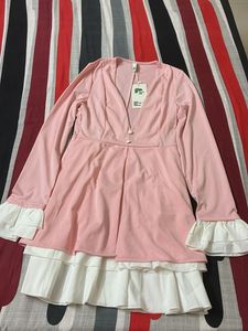 Barbie Pink Deep V-Neck Ruffle Mini Dress