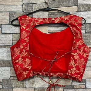 Red Brocade Blouse with Gold Floral Print