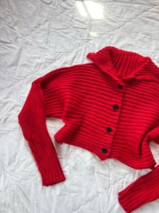 Red Cropped Knit Cardigan