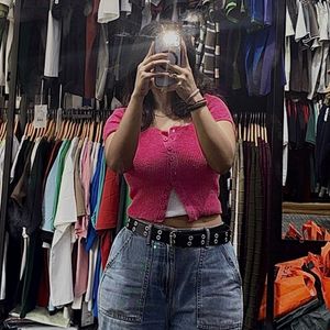 Pink Ribbed Cropped Button-Up Top