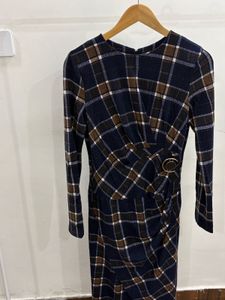 Navy blue &amp; Brown Plaid Long Sleeve Midi Dress