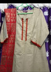 Elegant Beige Kurta Set with Red Dupatta