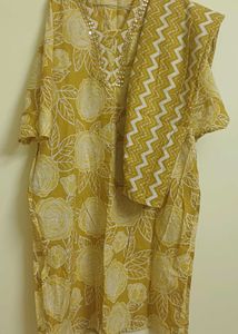Yellow Floral Kurta Set with Embellished Neckline