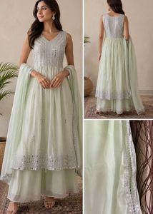 Pastal green mirror work skirt suit Set😍