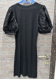 Black Puff Sleeve Ribbed Dress