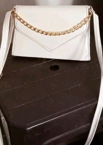 White Slingbag With Golden Chain For Girls And Wom