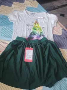 Cute Cat Print T-shirt and Green Skirt Set