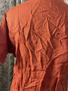 Orange Linen Blend Button-Up Top